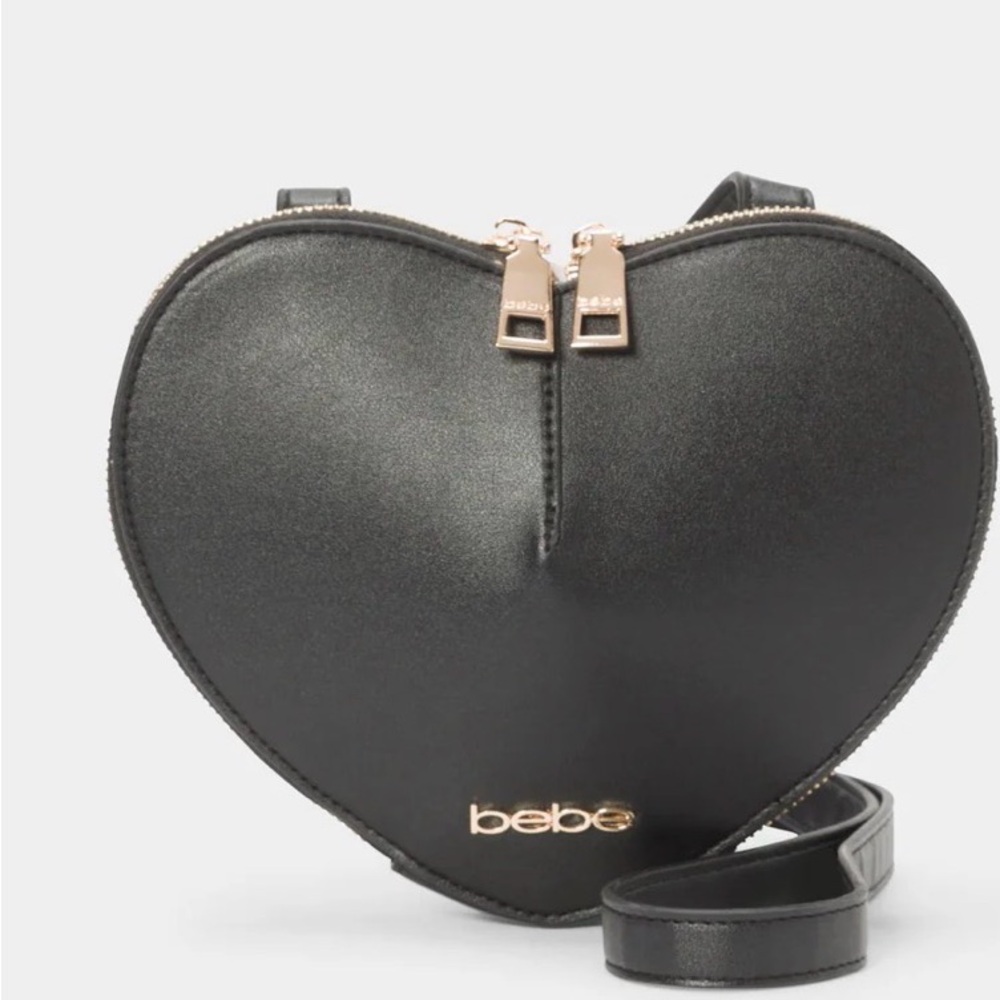 NWT Bebe Milan Heart Crossbody Bag Black Faux Leather Gold Hardware Mini Purse
